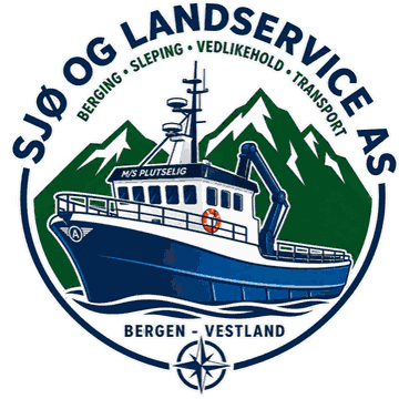 Logoen til Sjø og Landservice AS: arbeidsbåten M/S Plutselig foran fjell